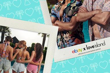 Holiday-style photos showing male and female models wearing beachwear with text saying: "eBay x Love Island – official pre-loved fashion partner"