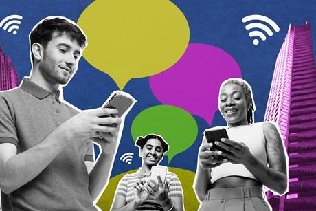 Man and two women smiling and typing on phones against backdrop of skyscrapers, Wi-Fi symbols and speech bubbles