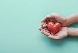 Two hands cupping a red wooden heart, shown from above