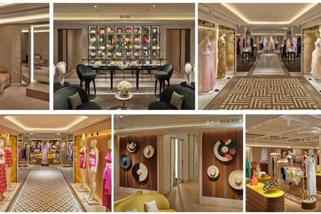 Collage of photos of Harrods' Holiday & Swim and Evening & Occasion rooms