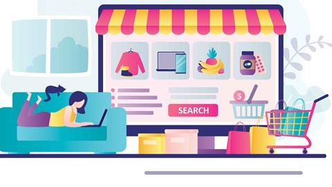 Illustration of a computer marketplace with a woman browsing on her sofa